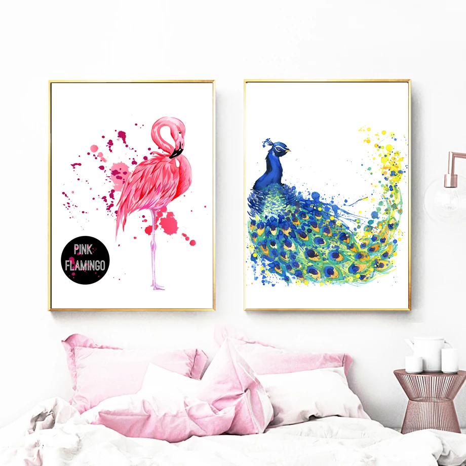 

Watercolor Fashion Peacock Pink Flamingo Wall Art Canvas Painting Nordic Posters And Prints Wall Pictures For Living Room Decor