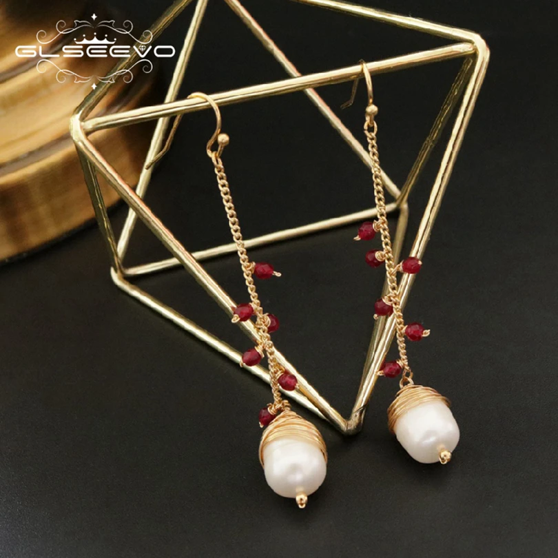 

XlentAg Natural Fresh Water Baroque Pearl Dangle Earrings For Women Red Stone Handmade Long Drop Earrings Fine Jewelry GE0486