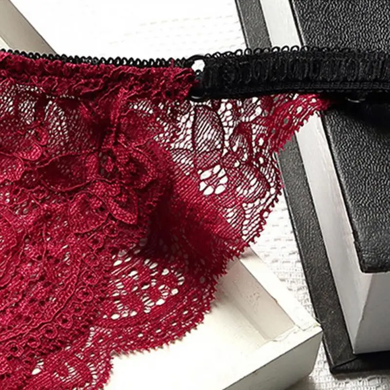 Women Girls Summer Sexy Wine Red Lace Crochet Perspective Low Elastic Waist Triangle Underwear Panties Bottom Pants Briefs