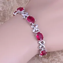 Красивый Красный кубический цирконий 925 пробы Серебряная цепочка овальный браслет 7-8 дюймов S0615