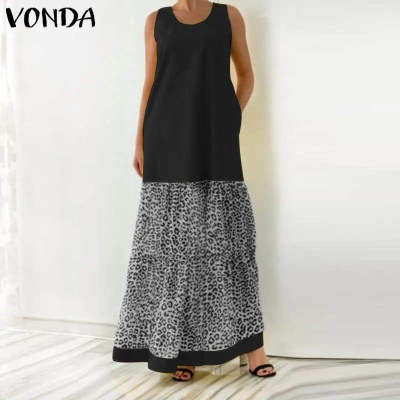 2019 VONDA женское длинное платье макси с леопардовым принтом свободное Повседневное платье для беременных сексуальное летнее платье без