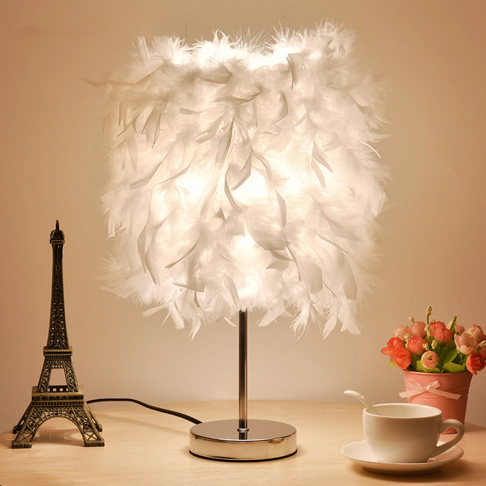 

Metal Desk Lamp Led Romantic Feather Reading Bed Light 110-220v Pink Mini Touch Switch Bedside Lamp Luminarias E27