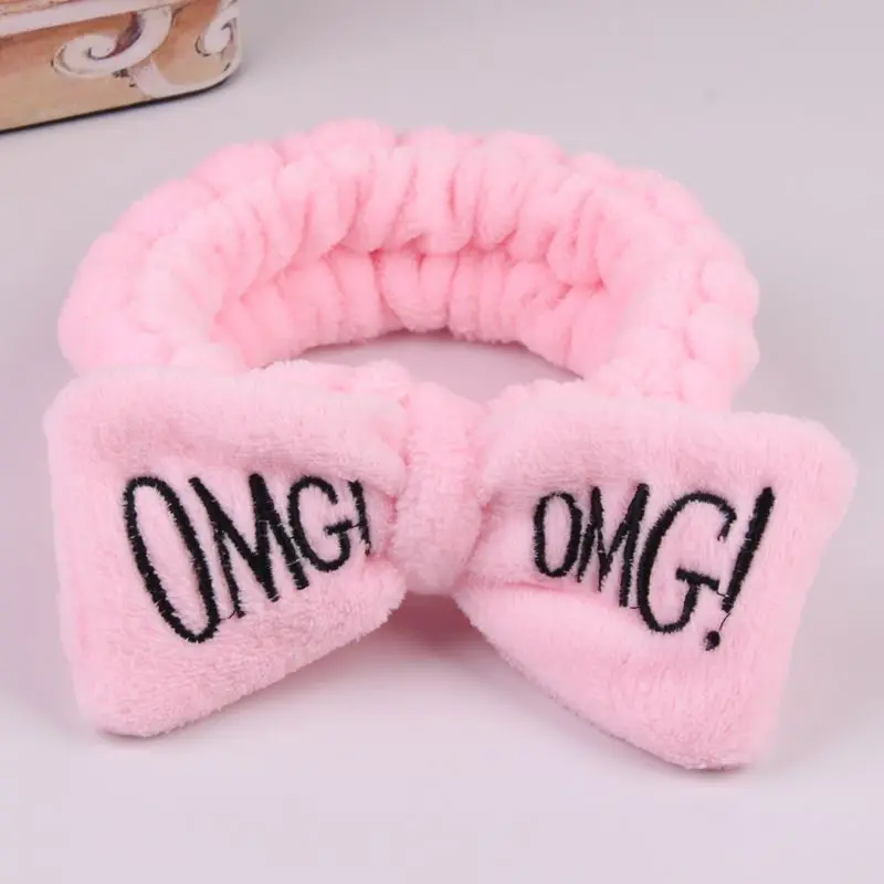 Карамельный цвет OMG письма повязка на голову с бантом из кораллового флиса Hairbands для Для женщин смывание макияжа с лица ремешки-оголовья для
