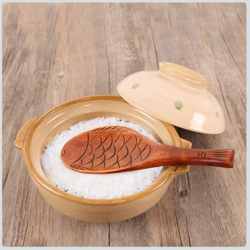 Деревянная ложка для риса с рисунком рыбы, кухонные инструменты для приготовления пищи, лопатка из дерева, рисовый суп, десертная ложка, кухонная посуда