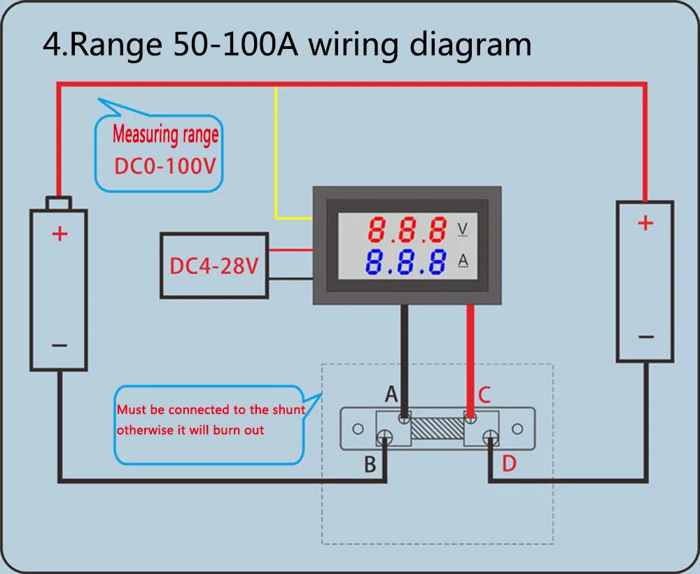 DC 0-100V 0-100A красный синий с двумя светодиодными цифровыми Вольтметр Амперметр Напряжение+ шунт двойной дисплей цифровой заголовок