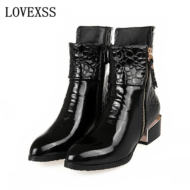 

LOVEXSS Ankle Leather Boots 2017 Pointed Toe Patent Black Blue Wine Red Woman Low-heeled Plus Size 34 - 43 Winter Ankle Boots
