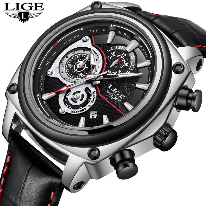 

LIGE Men Watches Top Brand Luxury Mens Sports Watch Men's Business Leather Waterproof Quartz Watch Chronograph Relogio Masculino