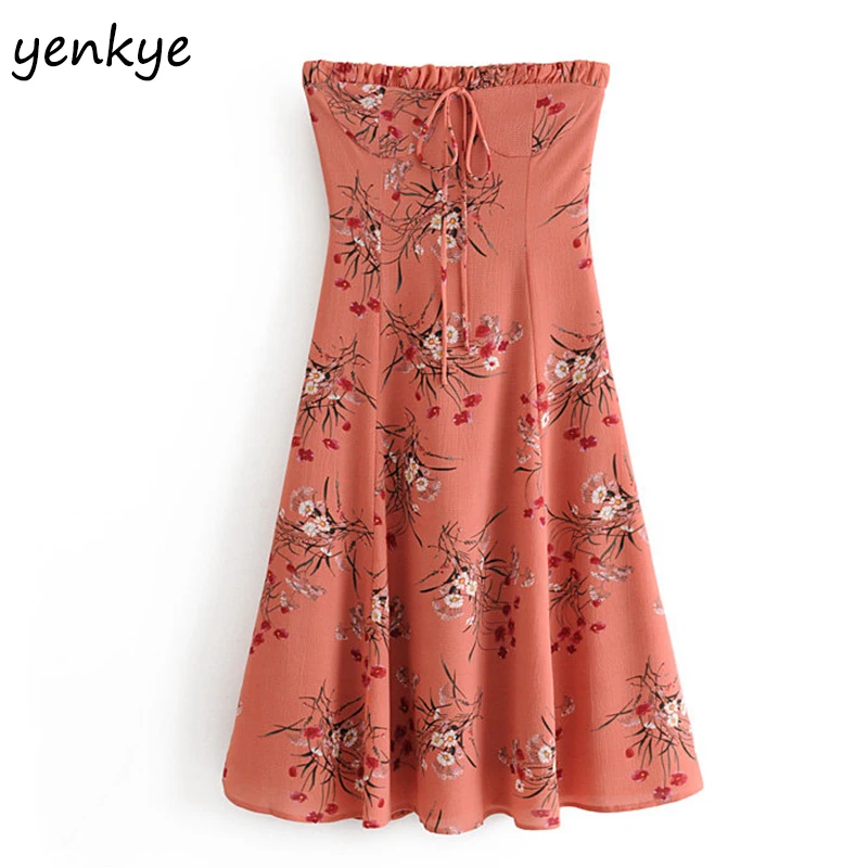 

2019 Women Floral Print Sexy Off Shoulder Dress Romantic Lady Strapless A-line Summer Chiffon Dress OMZZ6819