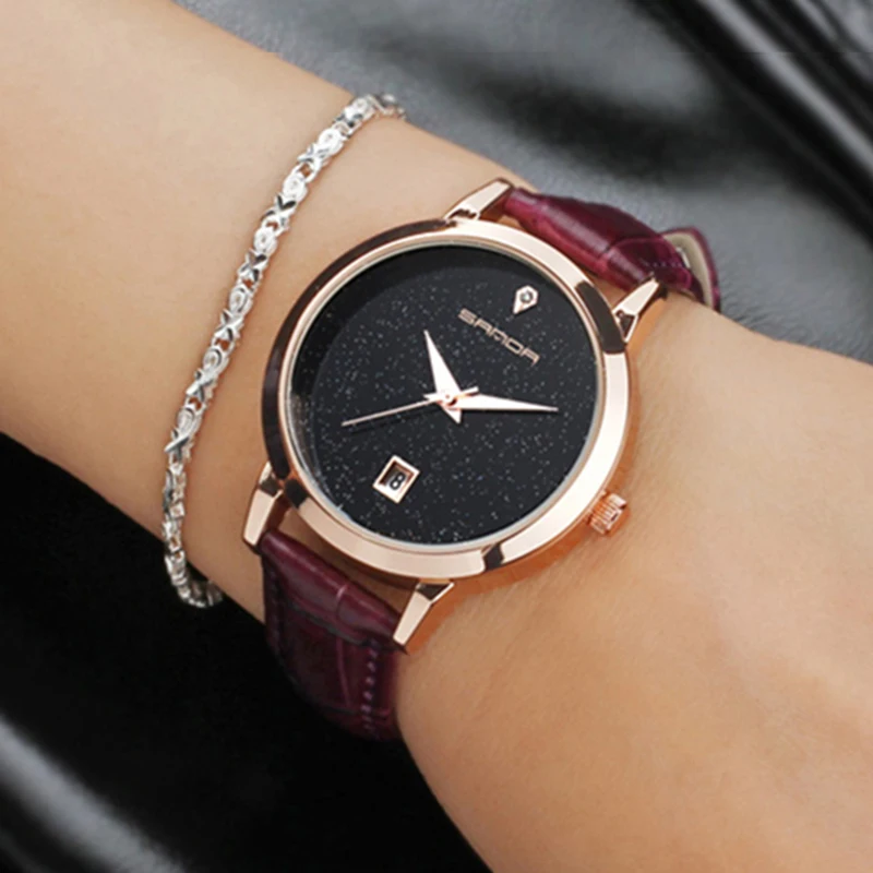 2018 SANDA Fashion Star Dial Women Watches Luxury Golden Leather Ladies Watch Women Dress Clock Calendar relogio feminino P194