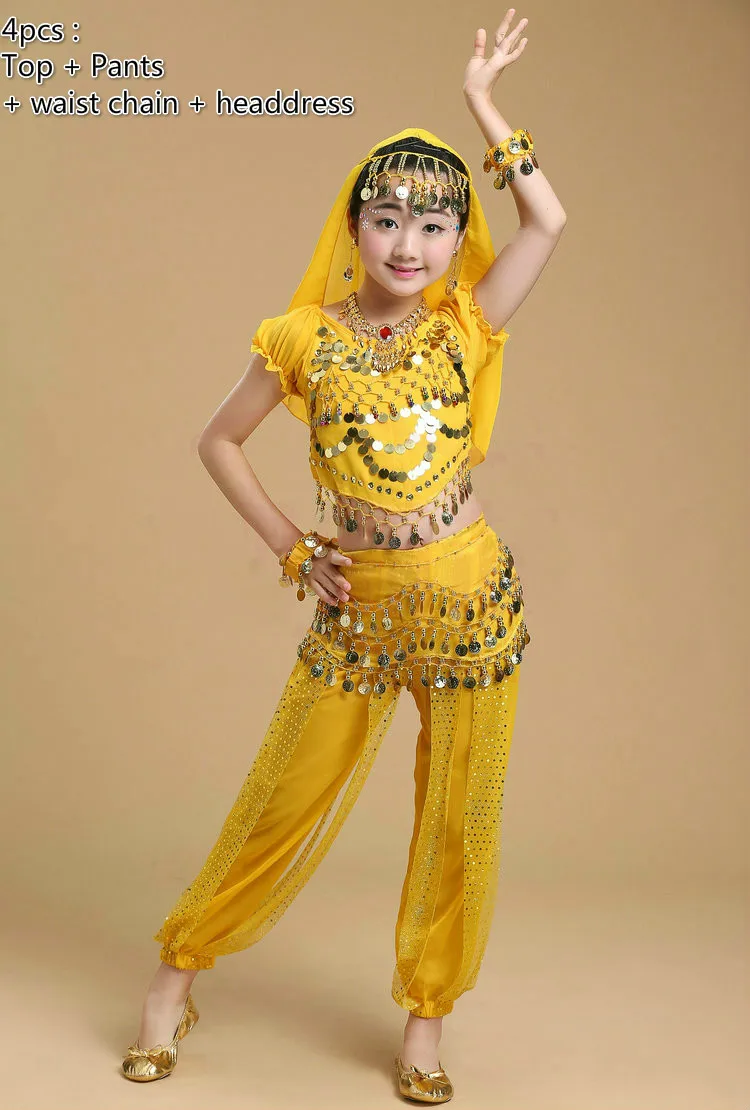 4pcs yellow Детский костюм для танца живота для девочек, Детский костюм для выступлений, индийский танец живота, сексуальный Египетский танцевальный костюм, Одежда для танцев, 6 цветов - Цвет: 4pcs yellow
