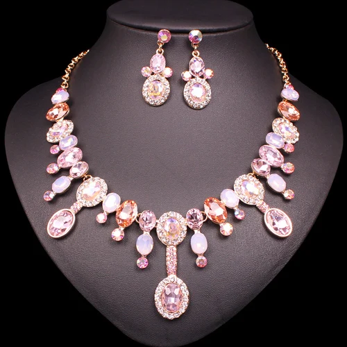 Fashion Pink Crystal Earrings Necklace Set Indian Bridal Wedding Costume Jewelry Sets Luxury Bride Set Jewellery Gifts For Women Jewelry Sets Aliexpress