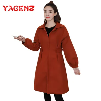 

YAGENZ 2018 Korean Spring And Autumn Wool Coat Women Elegant Blend Cardigan Female Long Coat Lantern Sleeve Zipper Woolen Jacket