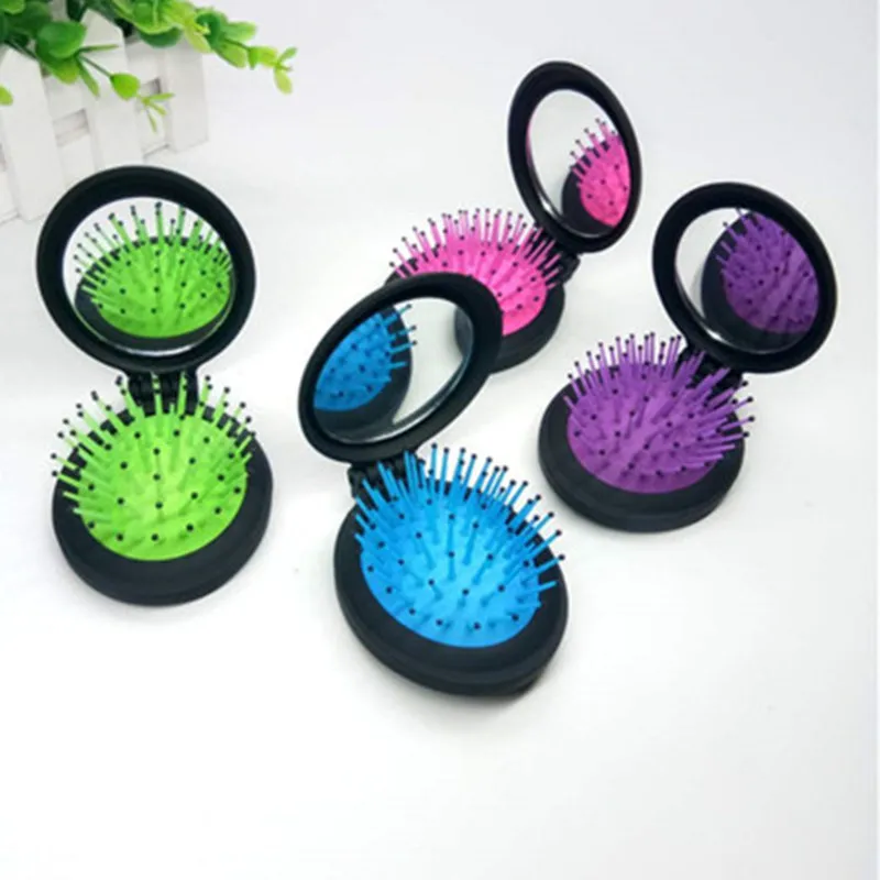

1 PC Girls Portable Mini Folding Massage Comb Airbag Massage Round Travel Hair brushes With Mirror Cute Anti-static Rainbow Comb