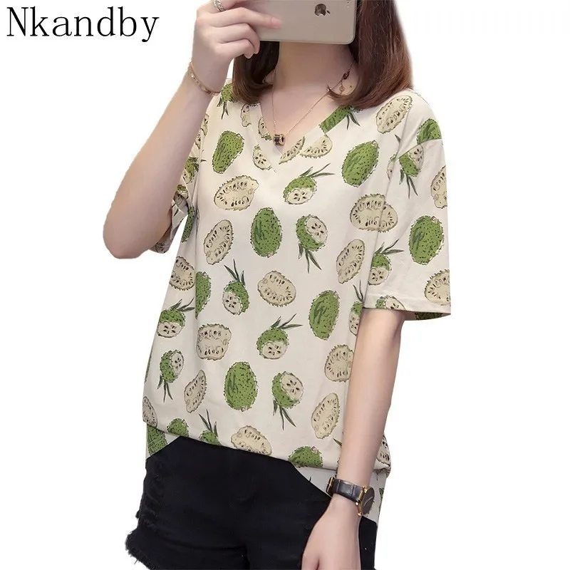 

Plus Size Fruit T-shirts Women V neck Short Sleeve Tops and Tees Summer Casual Loose Lady Tshirts Aesthetic Remeras Mujer Roupas