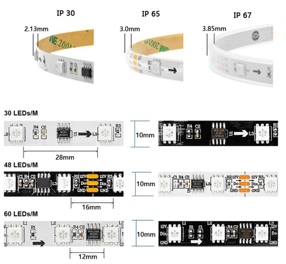 WS2811 светодиодные ленты 5 m 60 светодиодов/m 20 штук Ws2811 Ic/метр, DC12V Белый/Черный PCB 2811 Адресуемая цифровая RGB полный Цвет ленты света