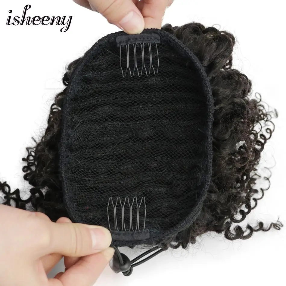 Isheeny афро кудрявый конский хвост для наращивания клип-Ins "-18" натуральные черные бразильские Remy человеческие волосы Регулируемый хвост пони