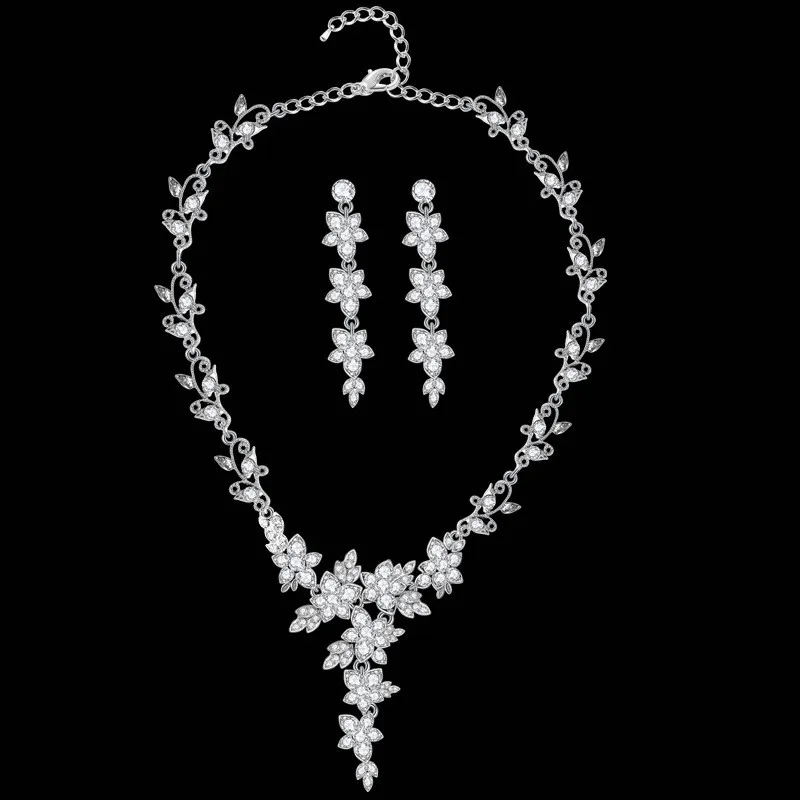 

SLBRIDAL Silver Austrian Crystal Rhinestones Pearls Alloy Wedding Jewelry Set Bridal Necklace Earring Set Women Party Jewelry