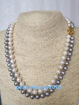 

20" 2 rows 8-9 mm gray+ white SOUTH SEA pearl necklace 925silver Gold Clasp