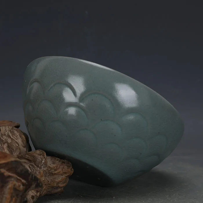 Антикварный эпохи династии Сун фарфоровая миска, зеленая глазурь ногтей резьба чаша, коллекция украшений для дома и украшением в виде банта