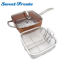Sweettreats copper Square Pan Induction Chef w/Glass Lid Fry Basket, Steam Rack 4 Piece Set, 9.5 inches used in induction