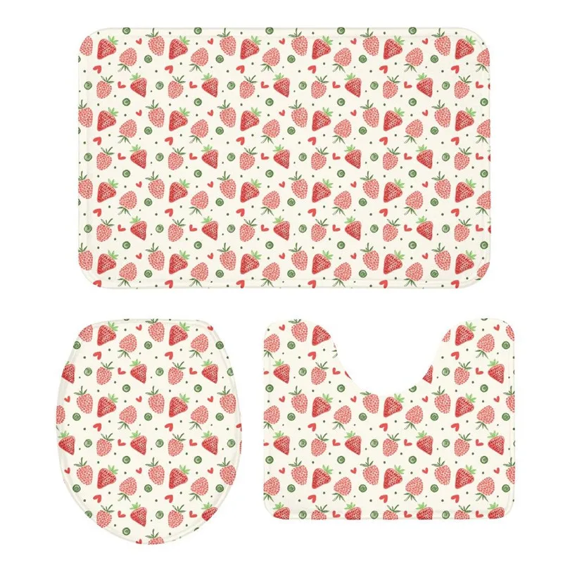 

3Pcs Toilet Seat Cushion Suit Strawberry 3D Printing Doormats Anti-Slip Suction Grip Bath Mats Kitchen Washroom Bathroom Carpet