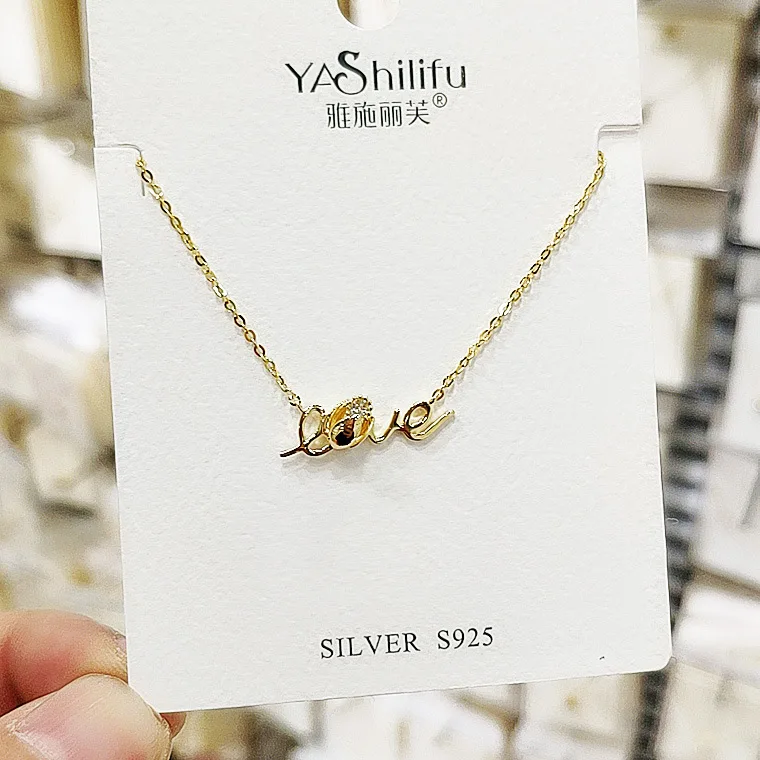 Letters LOVE zircon golden necklace woman 100% 925 Sterling silver nacklace Jewellery Clavicle chain pendant charms gift