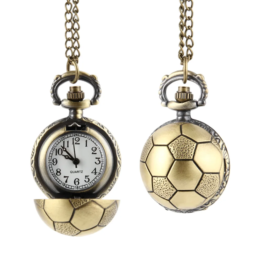 Retro Soccer Ball Shape Bronze Round Quartz Pocket Watch with Chain Necklace Jewelry Gifts GDD99
