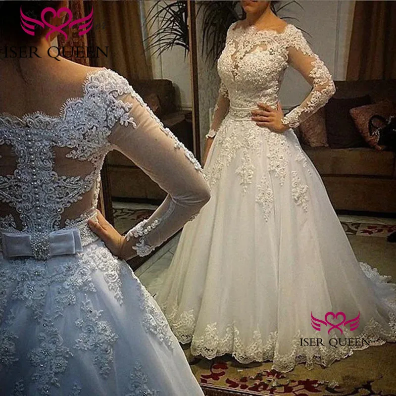 

Pearls Beading Slight Sequined Delicate Embroidered Lace on Net Bride Dresses 2019 Long Sleeves Sashes Bow Wedding Dresses w0050