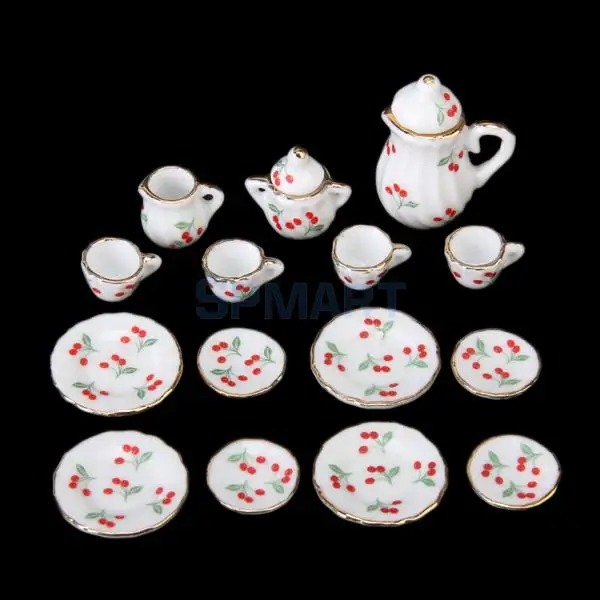 

SPMART 15pcs Dollhouse Miniature Dining Ware Porcelain Tea Set Dish Cup Plate -Red Cherry