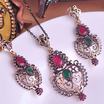 

Luxury Brand Turkish Jewelry Sets Red Big Round Pendant Necklace Antique Gold Plated Vintage Earrings Green Acrylic Brincos Ouro
