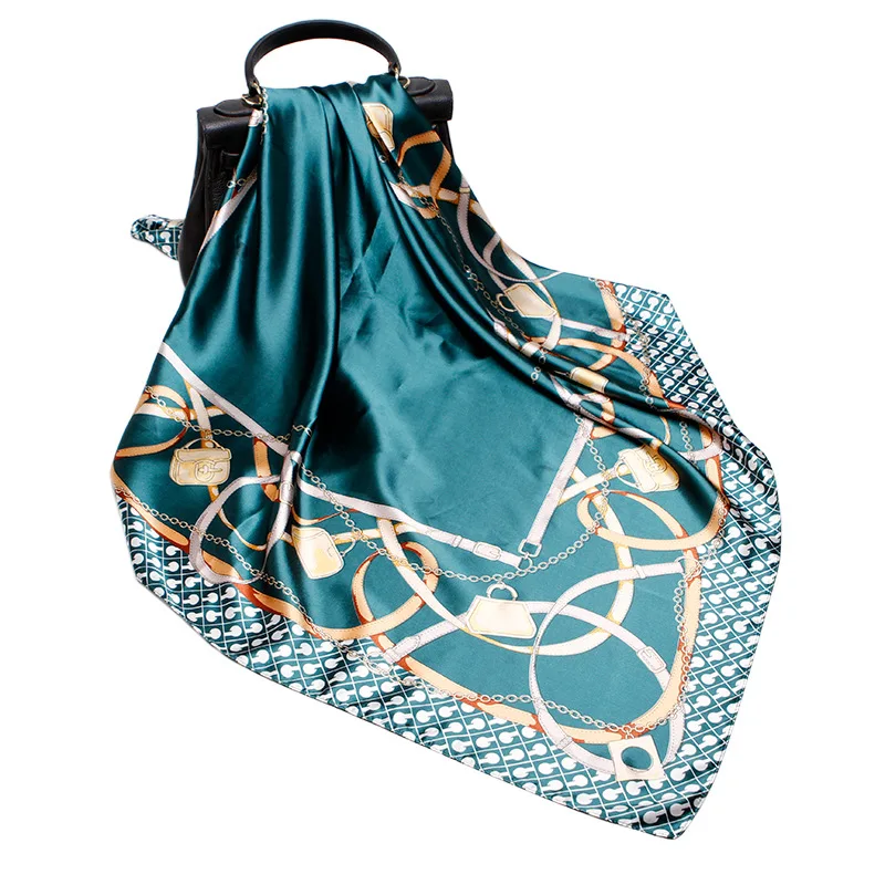 

Fashion Women Silk Square Scarf Carriage chain print ladies Elegant Large Brand Imitated Silk Satin Shawl Hijab Big Size 90*90cm