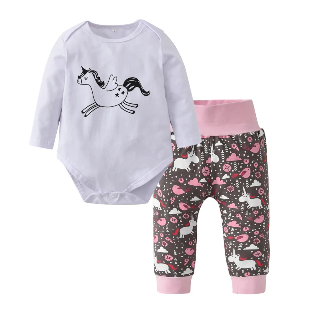 Одежда для маленьких девочек комплект из 2 предметов для новорожденных с длинным рукавом мультфильм Единорог комбинезон топы+ брюки Дети Малыш одежда