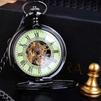 Vintage Watch Roman Analog Steampunk Skeleton Mechanical Fob Pocket Watches Clock Pendant Hand-winding Men Women Long Chain Gift vigoroso men s antique mechanical skeleton chain pocket watch classic vintage retro design watches wind up steampunk gold clock