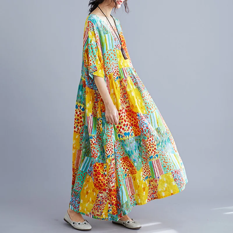 Макси-платье женское хлопковое длинное летнее платье в горошек платье в этническом стиле с цветным блоком с коротким рукавом богемные свободные платья