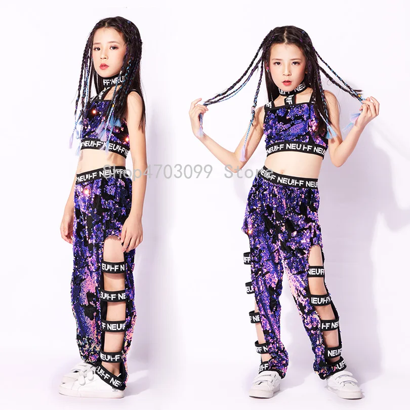 

2019 new models Girls Jazz hip-hop Modern Dance Performance Clothing Uniforms Sparkly Children Top vest and pants