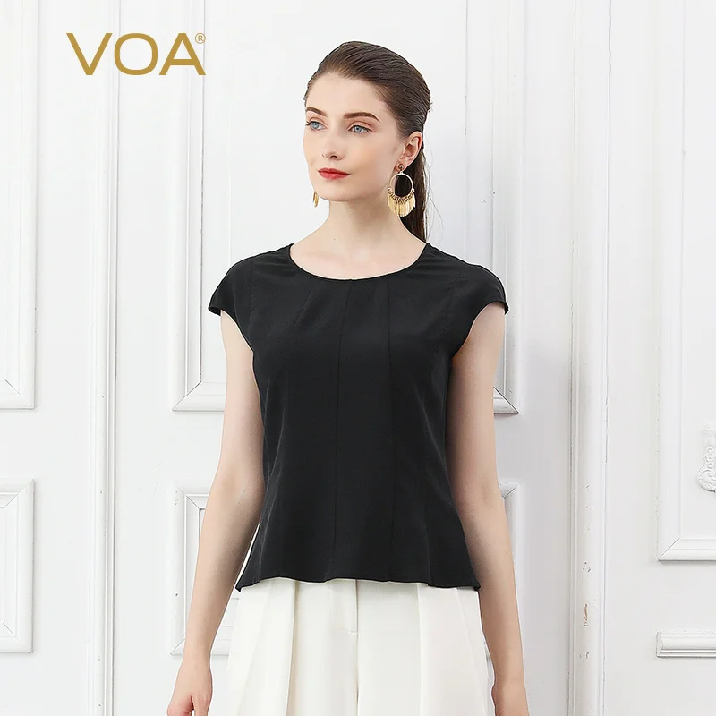 VOA Silk T Shirt Summer Ladies Tops Short Sleeve Casual Tee Slim Women Clothes Basic Large Size Brief Solid Streetwear B708 Tops