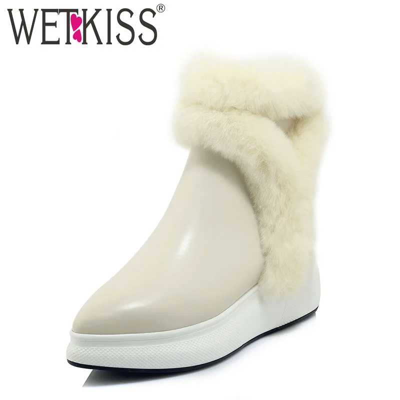 

WETKISS 2018 Fashion Casual Women Ankle Snow Boots Pointed Toe Footwear Leather Fur Female Boot Platform Girl Shoes Woman Winter