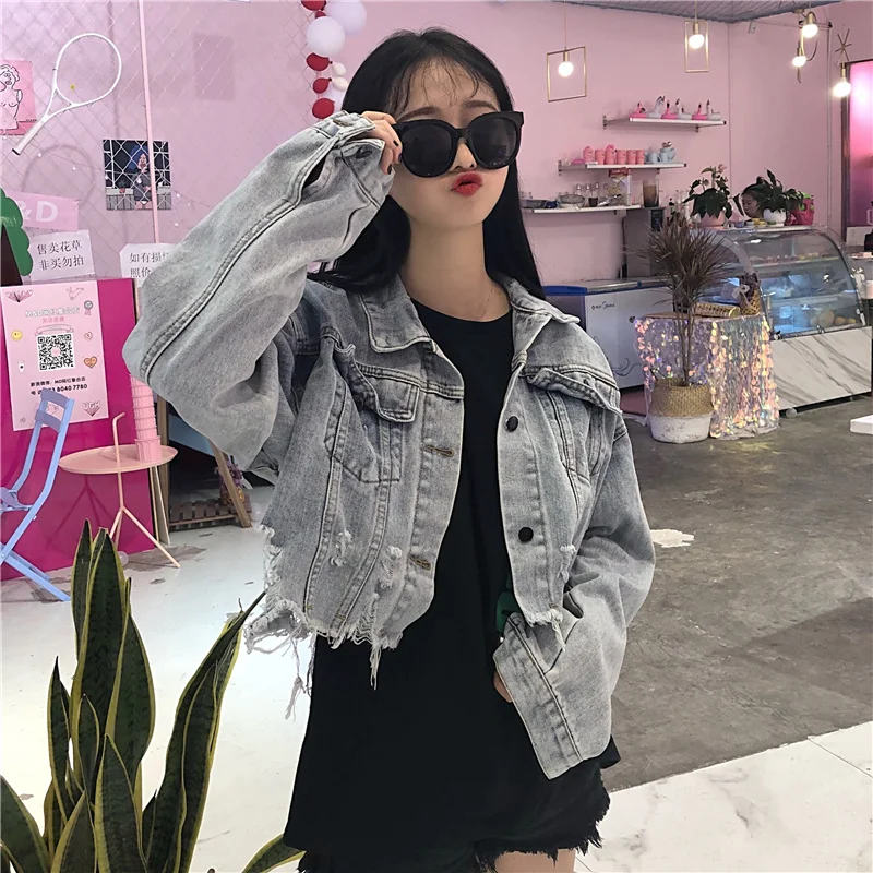 

New Women's Clothing loose jean jacket women Hole crop top Coats Turn-down long sleeve hipster ulzzang Jackets Vintage Spring