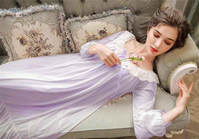 Ночная рубашка в стиле принцессы для свадьбы, Женская Осенняя розовая кружевная ночная рубашка с длинным рукавом, винтажное Ночное платье, домашняя одежда, ночная рубашка T312