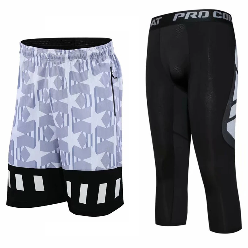 Мужские спортивные дышащие шорты для бега с карманами на молнии, баскетбольные шорты для бега, быстросохнущие спортивные шорты для мужчин - Цвет: White Shorts Set
