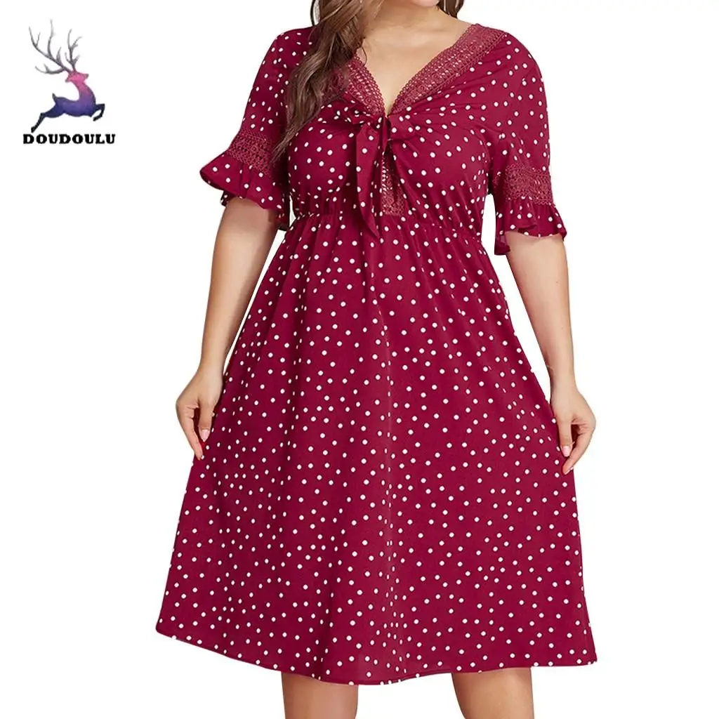 DOUDOULU Womens Plus Size Red polka Dot Ladies Summer Dress ladies dresses elegant Women's Clothing Dresses femme #SS