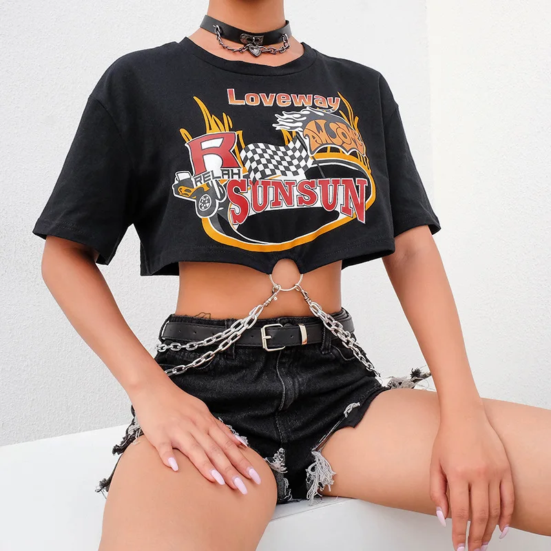 Korean Punk Short Sleeve Tshirt Women Black Harajuku Cotton T Shirt Ladies Printed Top with Chains Streetwear Summer TS50 (7)