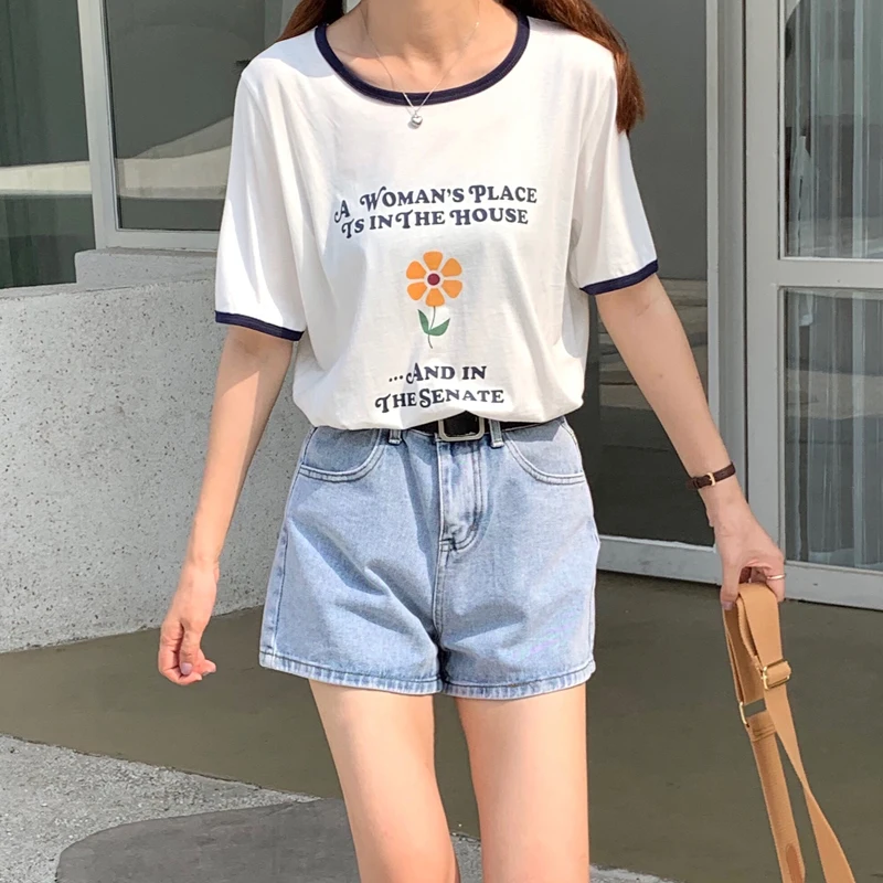 

2019 Summer korean style color patchwork letter floral print short sleeve t shirts womens tee shirt femme (C6481)