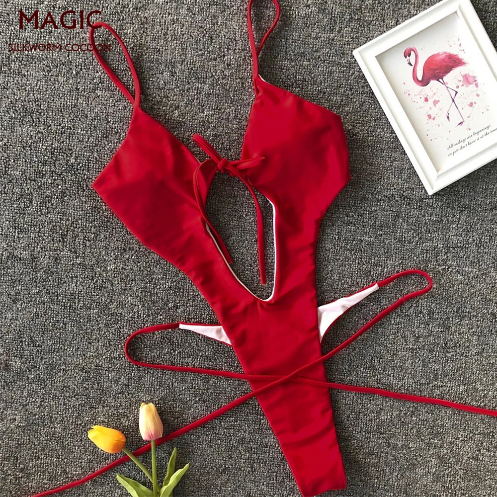 

Sexy Thong One Piece Swimsuit New Women Solid Bandage Bathing Suit Swimwear Yellow Red Black Blue High Waist Cut Out Monokini