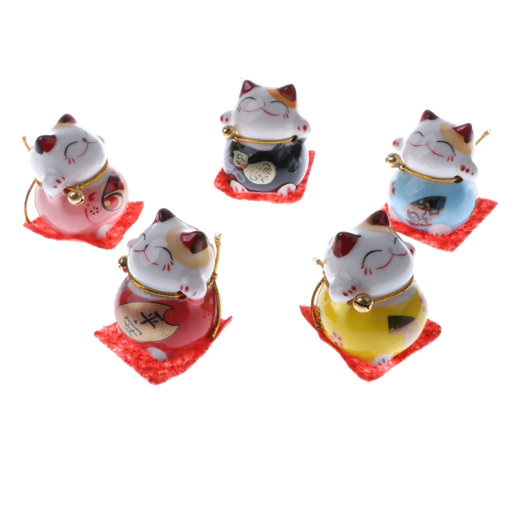 Set of 5 Ceramic Japanese Lucky Cat Fortune Kitten Figurines Cute Smiling Waving Fortune Cat Toy Home Car Decor Ornament #D