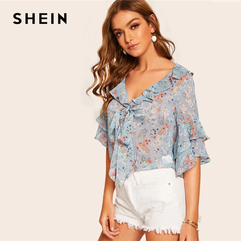 

SHEIN Boho Blue Knot Front Layered Ruffle Sleeve Floral Top Blouse Women Spring V Neck Office Lady Half Sleeve Top Blouses