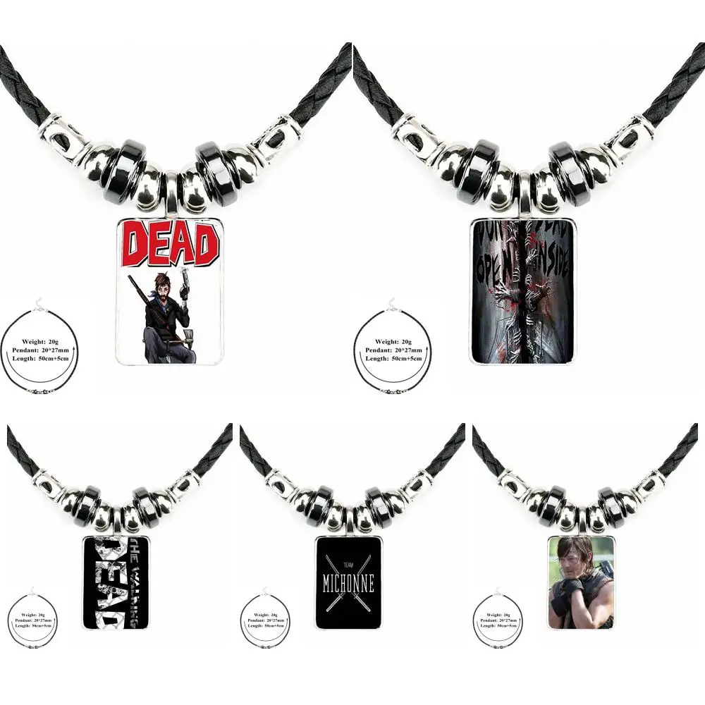 

EJ Glaze The Walking Dead Norman Reedus Daryl Dixon Glass Cabochon Jewelry Black Leather Bead Pendant Necklace
