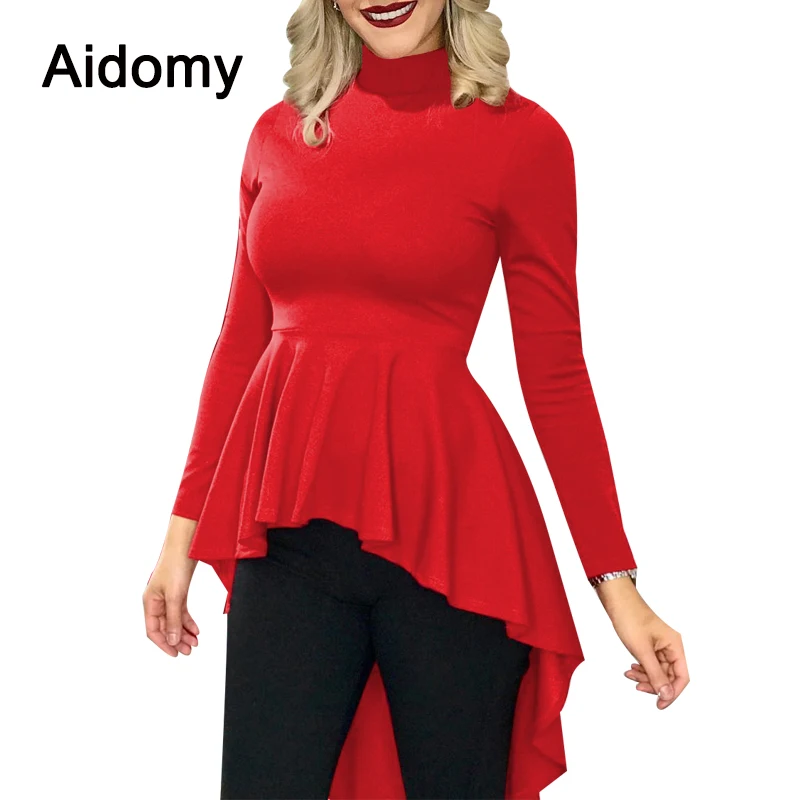 Casual Women Tops And Blouse Long Sleeve High Low Ruffles Shirts Stand ...