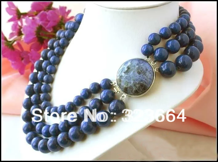 

3ROW 14MM ROUND BLUE LAPIS LAZULI BEAD NECKLACE CLASP
