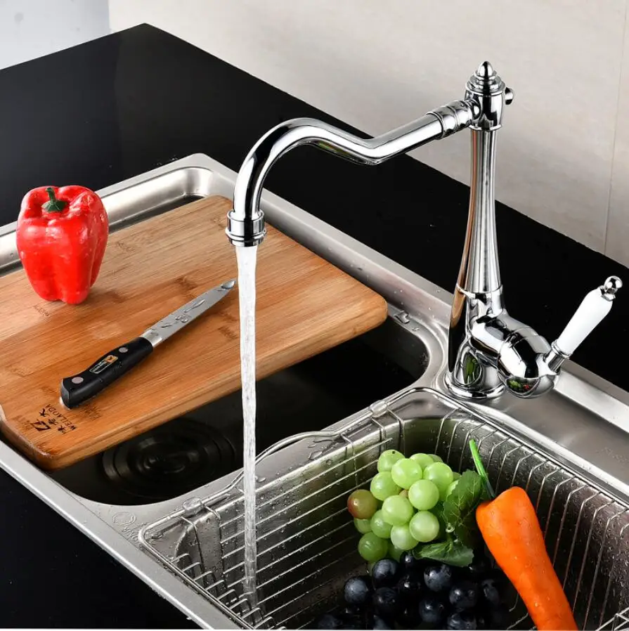 

Kitchen Faucets Single Lever Sink Faucet Swivel Spout Ceramic Handle Rotation Gold Solid Brass Basin Mixer Water Taps